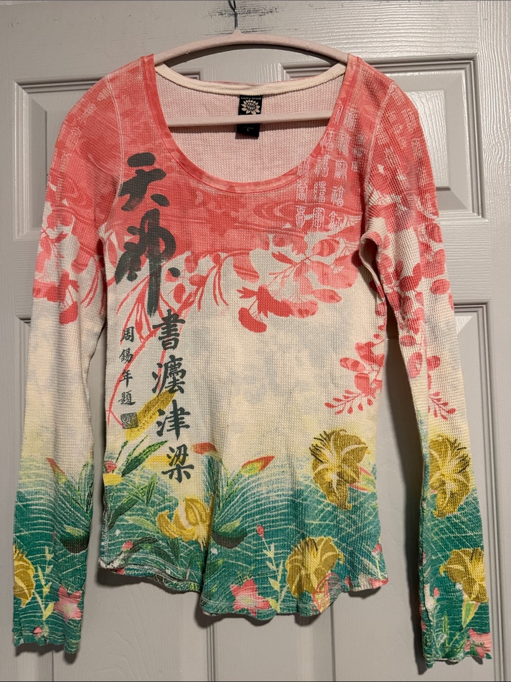 Boho Floral Scoop Neck Long Sleeve Top - Coral, Green & Yellow